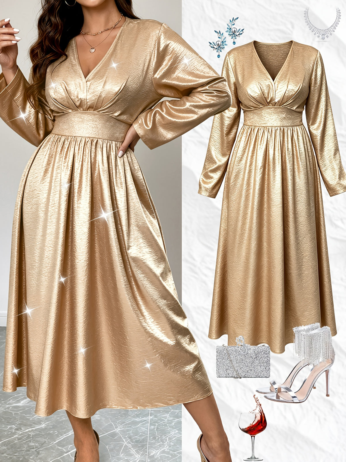 Robe midi grande taille — Manches ballon, satin champagne