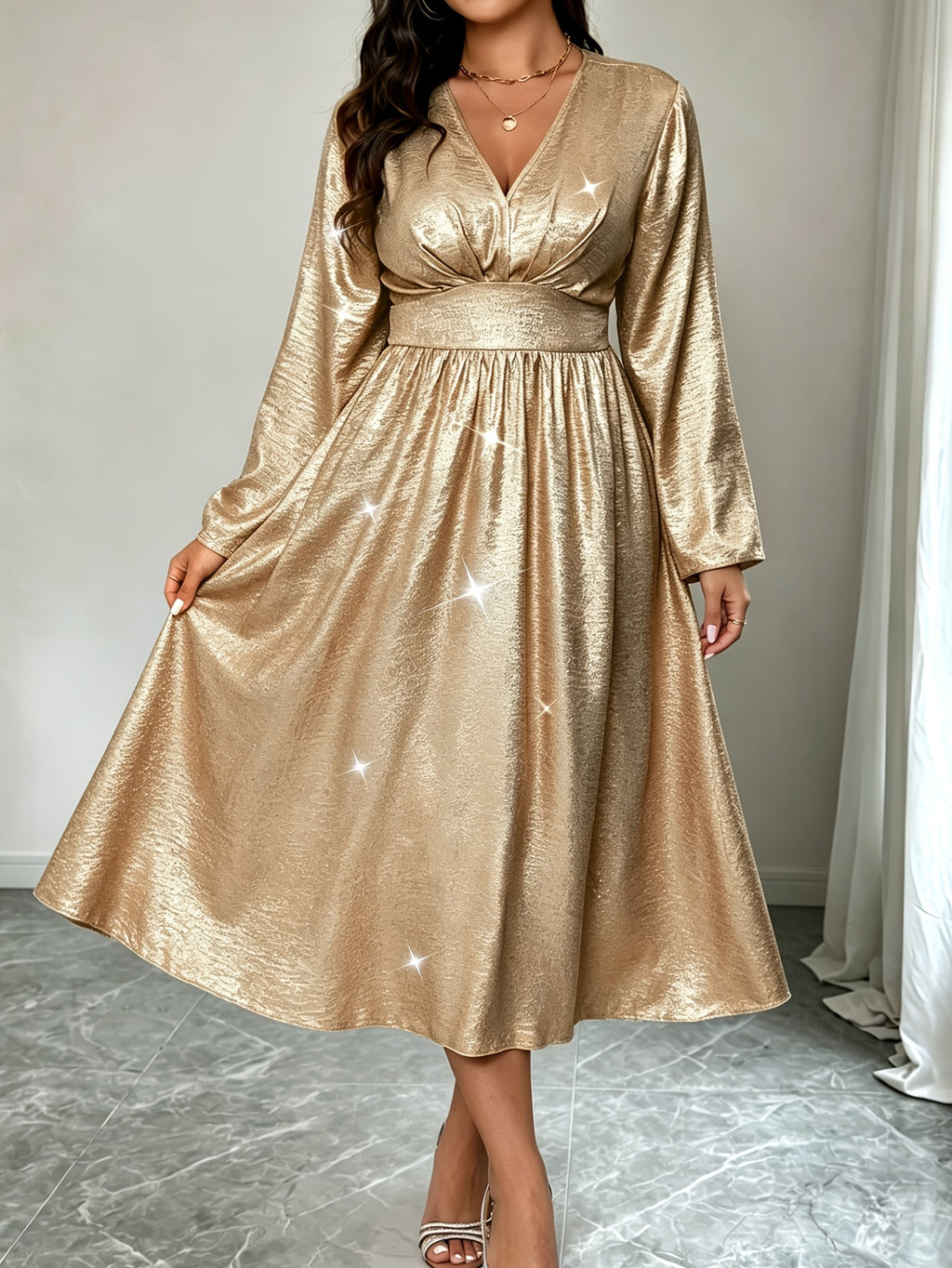 Robe midi grande taille — Manches ballon, satin champagne
