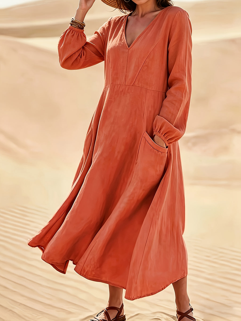 Robe midi grande taille — Col V, manches lanternes et poches