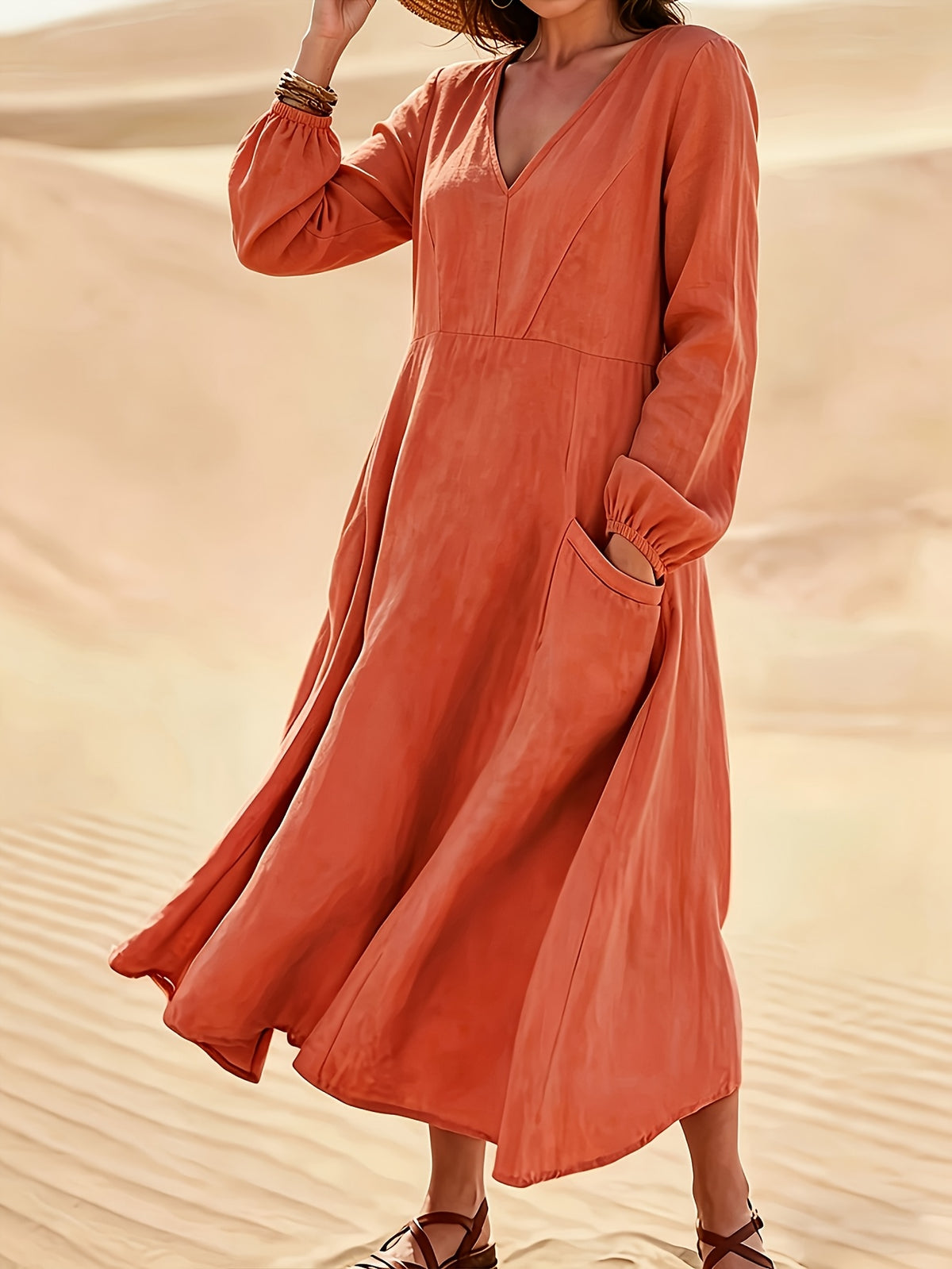 Robe midi grande taille — Col V, manches lanternes et poches