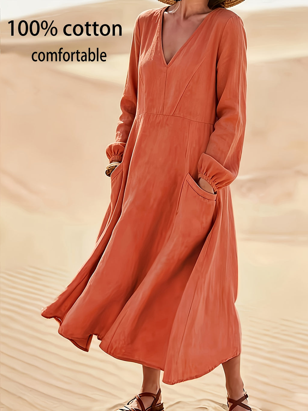 Robe midi grande taille — Col V, manches lanternes et poches