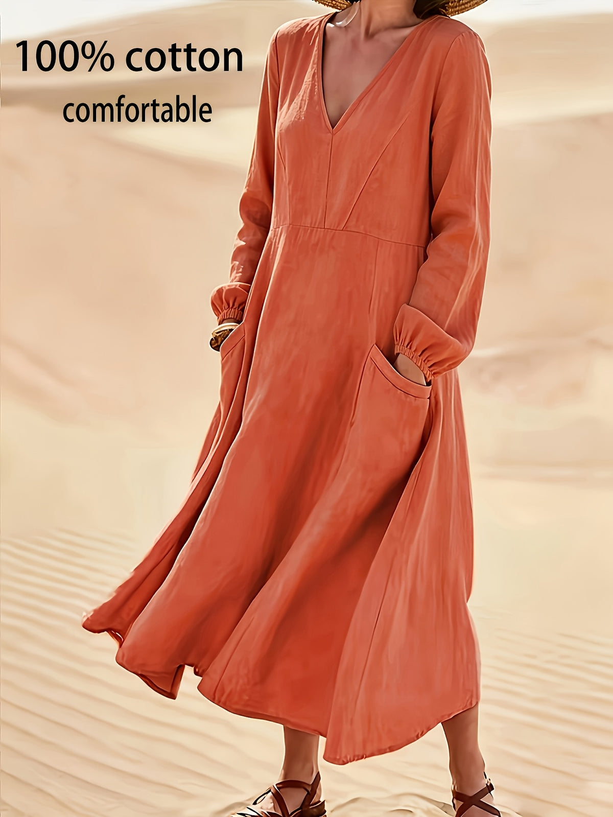 Robe midi grande taille — Col V, manches lanternes et poches