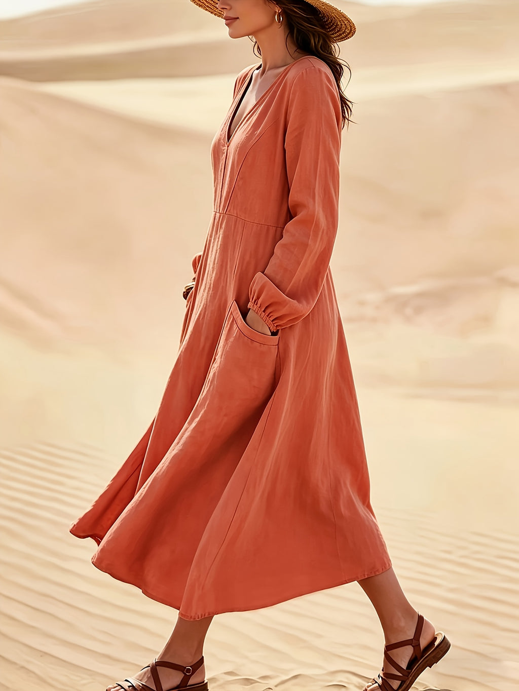 Robe midi grande taille — Col V, manches lanternes et poches