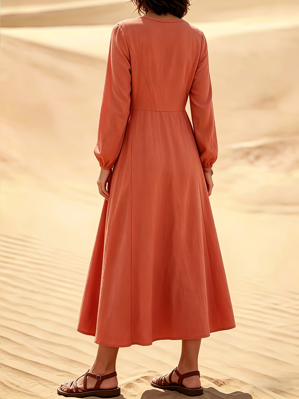 Robe midi grande taille — Col V, manches lanternes et poches