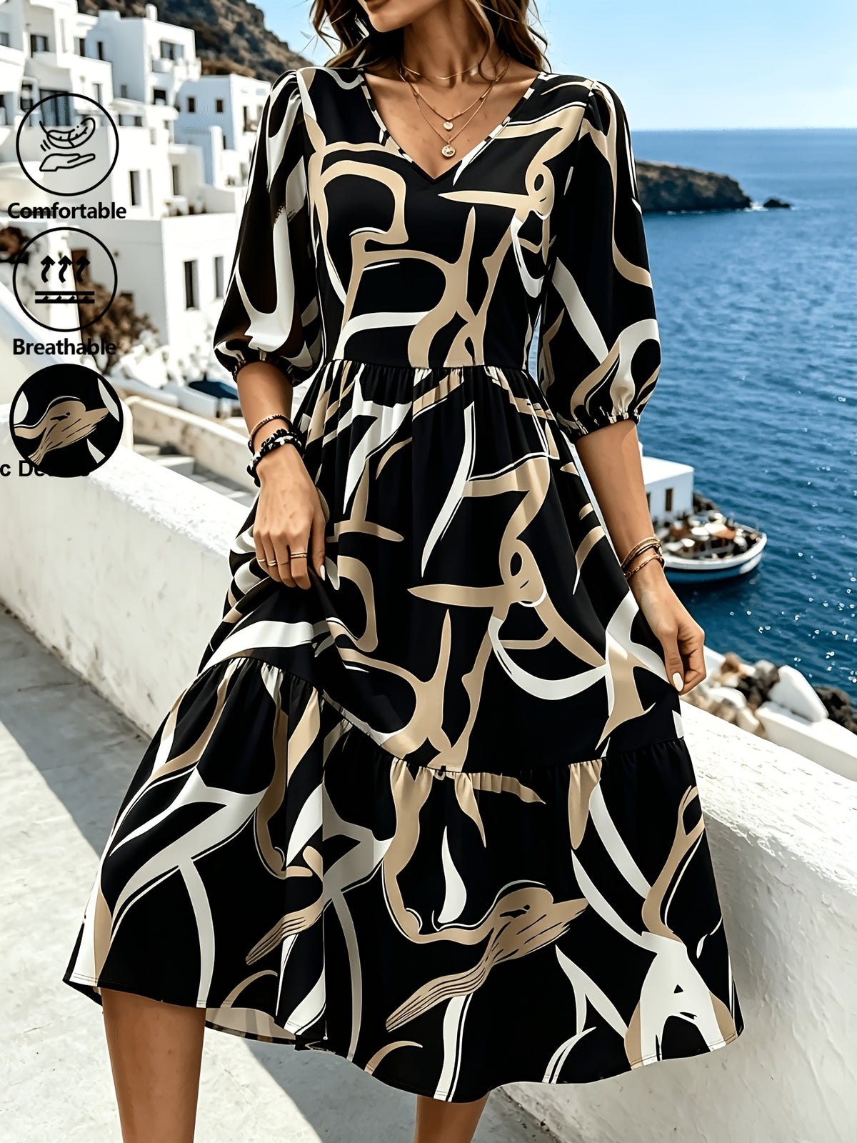 Robe midi grande taille, tracé abstrait