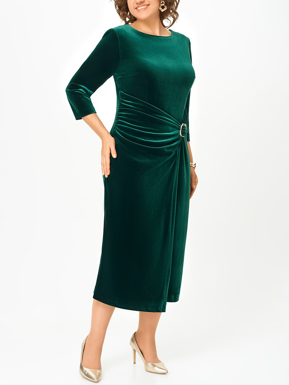Robe midi grande taille — Velours chocolat à boucle dorée