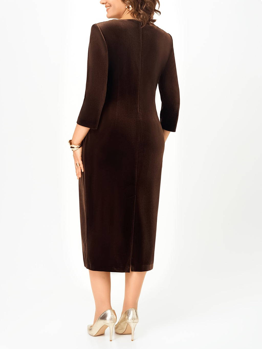 Robe midi grande taille — Velours chocolat à boucle dorée