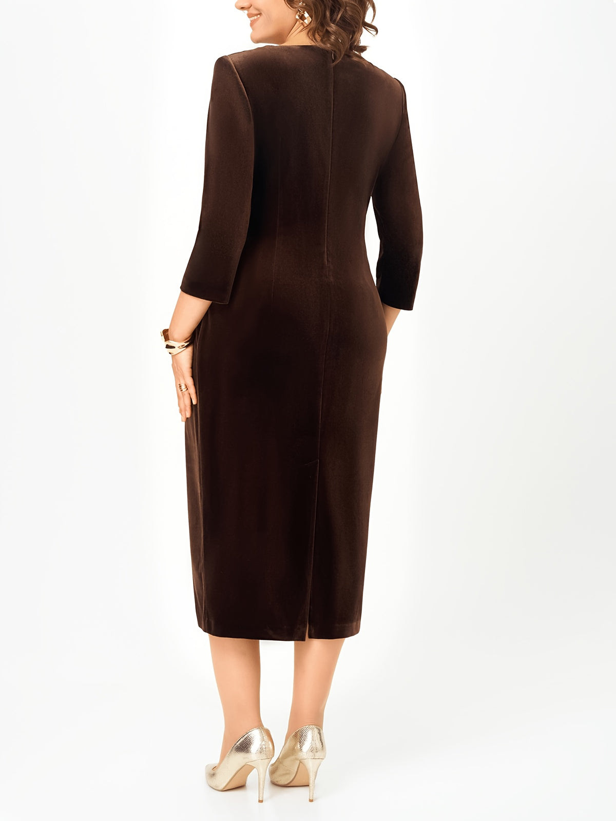 Robe midi grande taille — Velours chocolat à boucle dorée