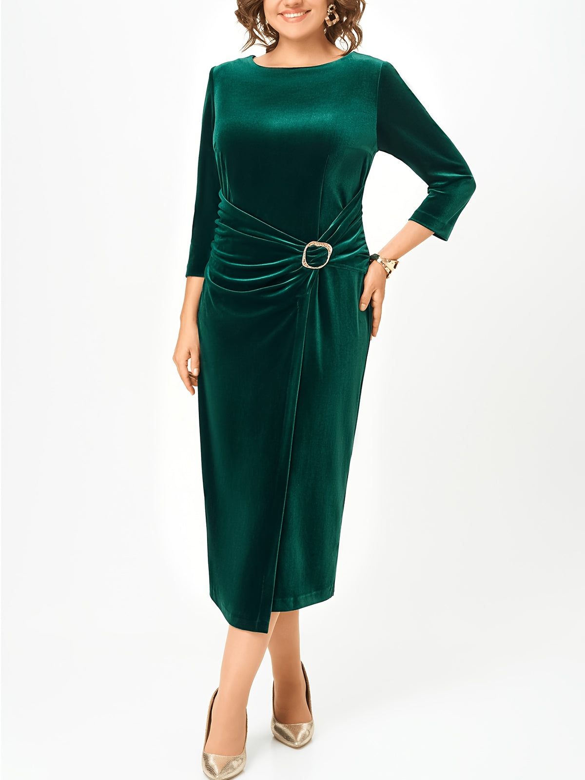 Robe midi grande taille — Velours chocolat à boucle dorée