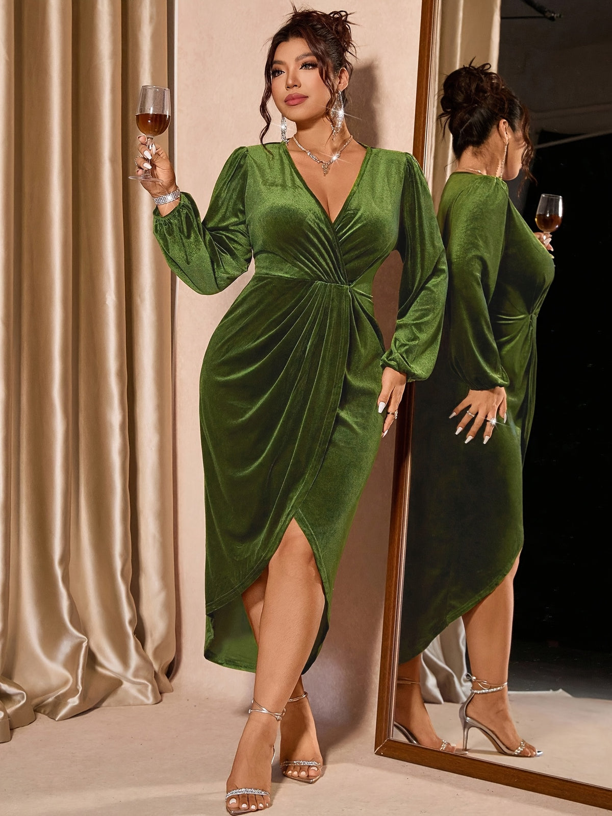 Robe midi grande taille — Velours vert à taille torsadée
