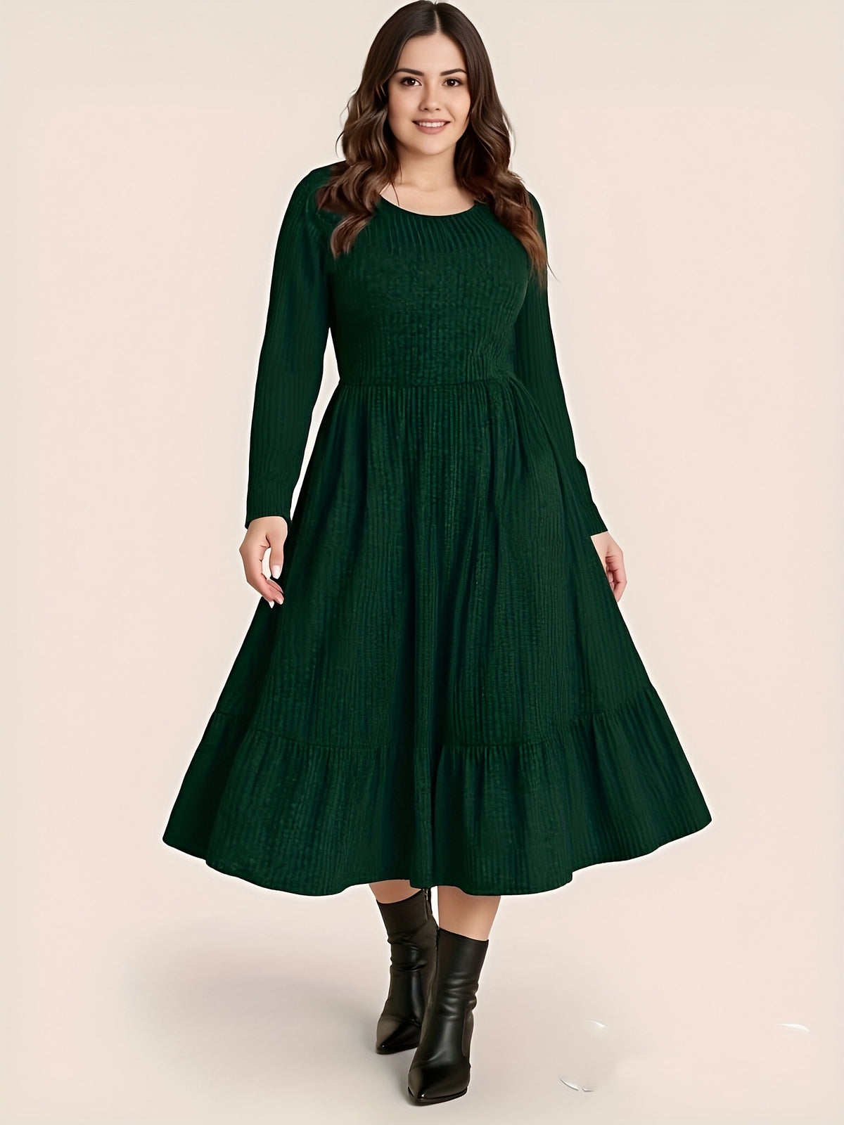 Robe midi grande taille — Tricot vert sapin à volant bas