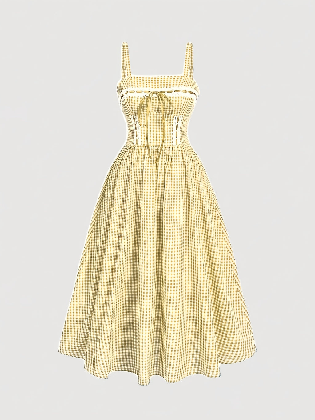 Robe midi grande taille — Carreau bleu et ruban à œillets