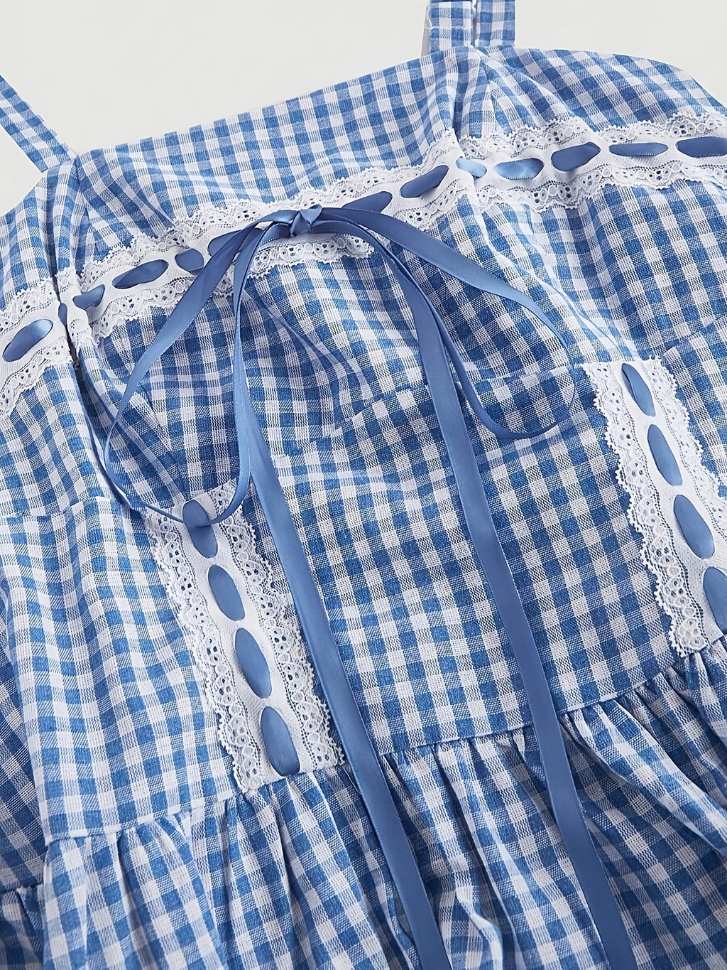 Robe midi grande taille — Carreau bleu et ruban à œillets