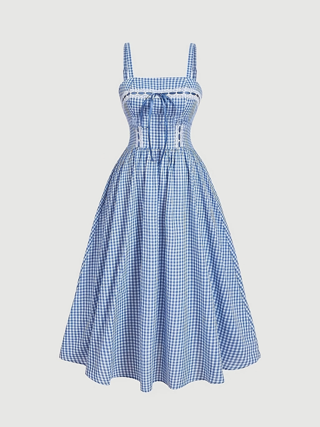 Robe midi grande taille — Carreau bleu et ruban à œillets