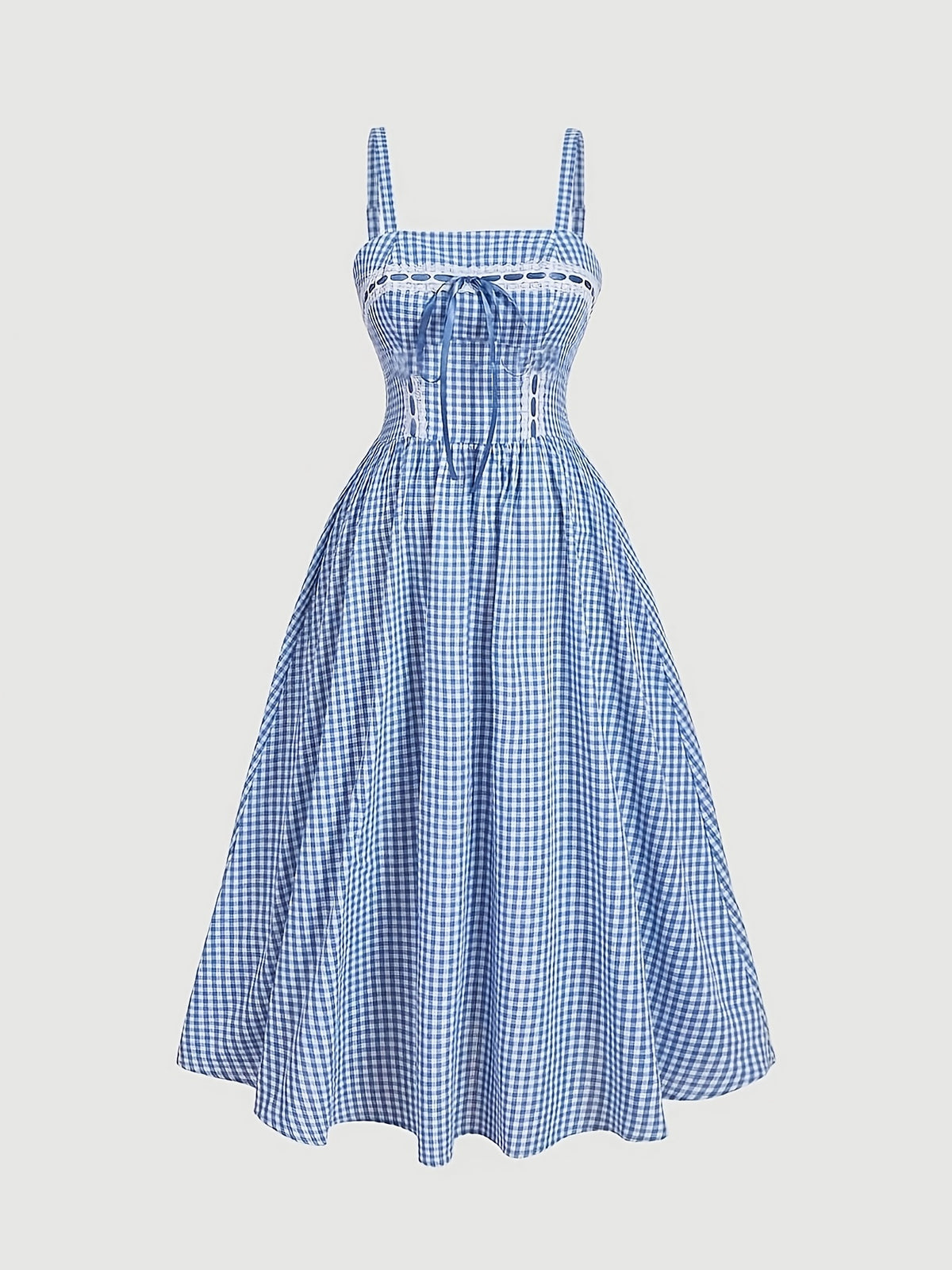 Robe midi grande taille — Carreau bleu et ruban à œillets