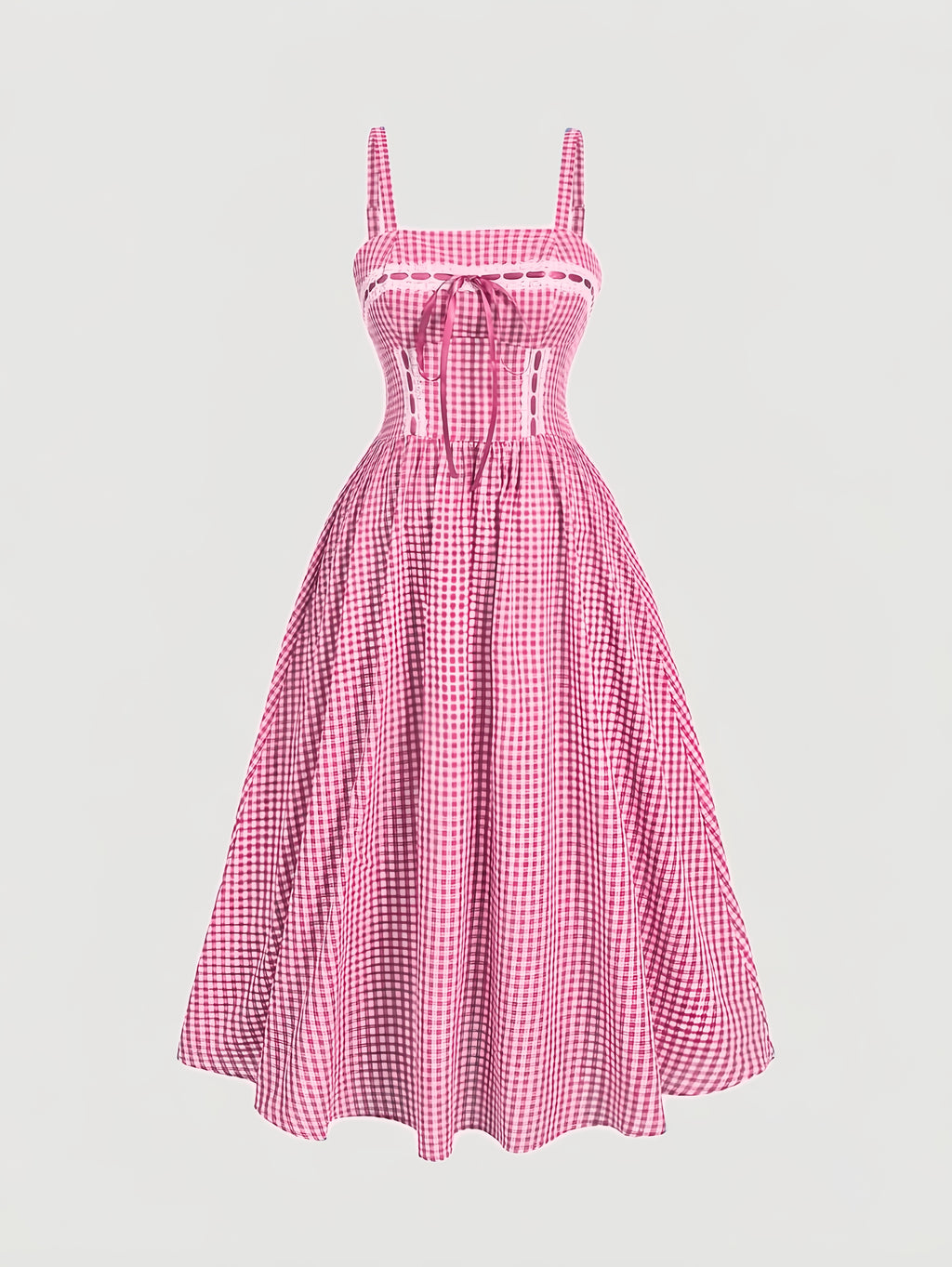 Robe midi grande taille — Carreau bleu et ruban à œillets