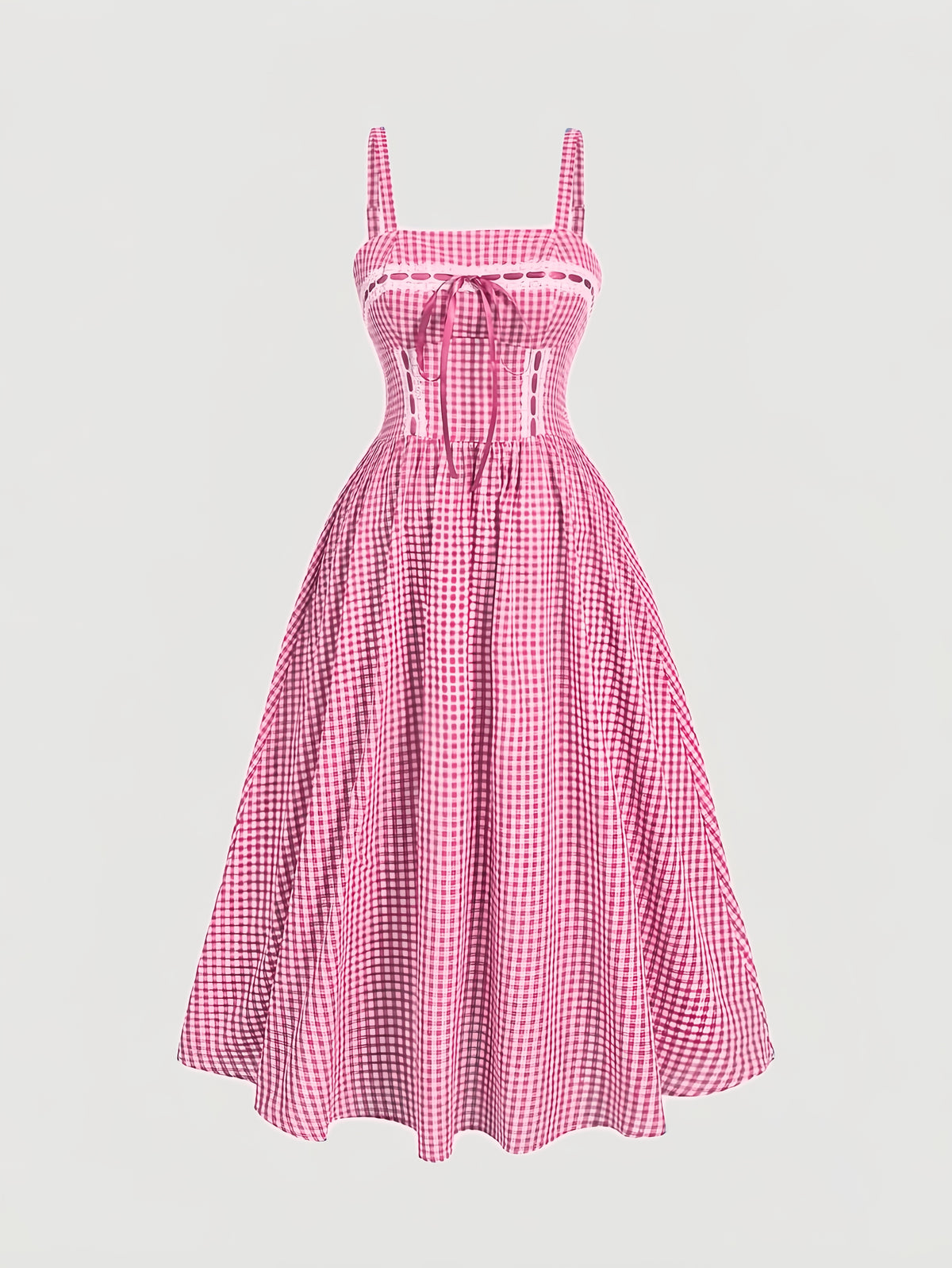 Robe midi grande taille — Carreau bleu et ruban à œillets