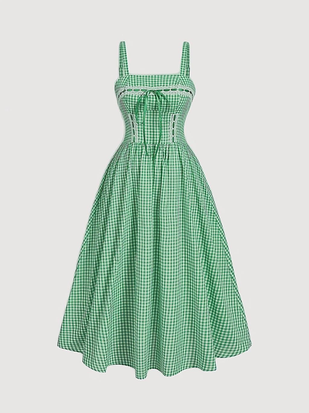 Robe midi grande taille — Carreau bleu et ruban à œillets