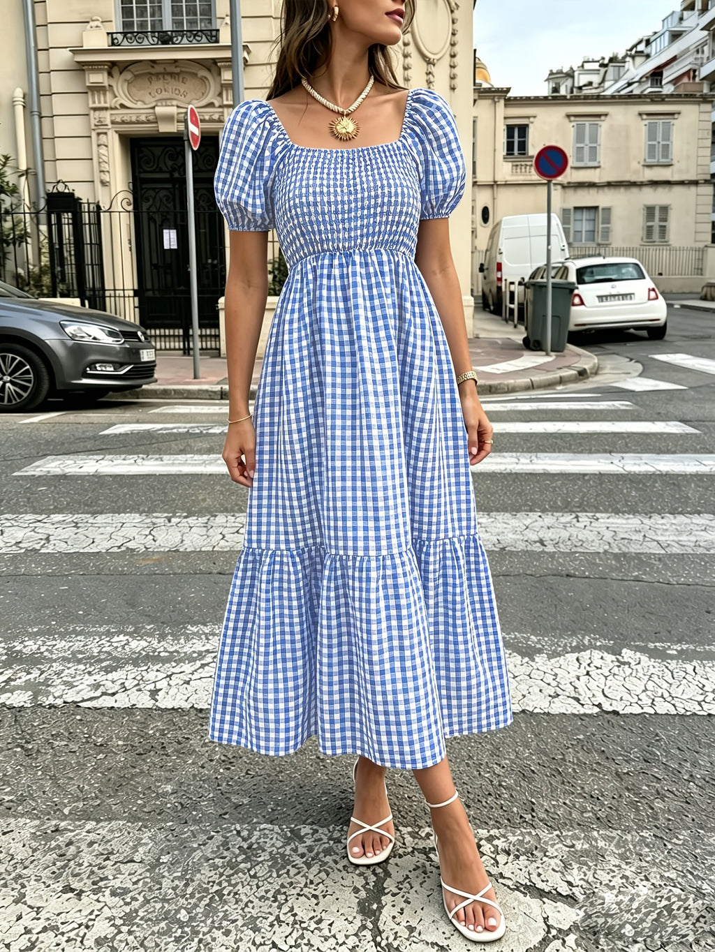 Robe midi grande taille — Vichy brun et volant d'ourlet