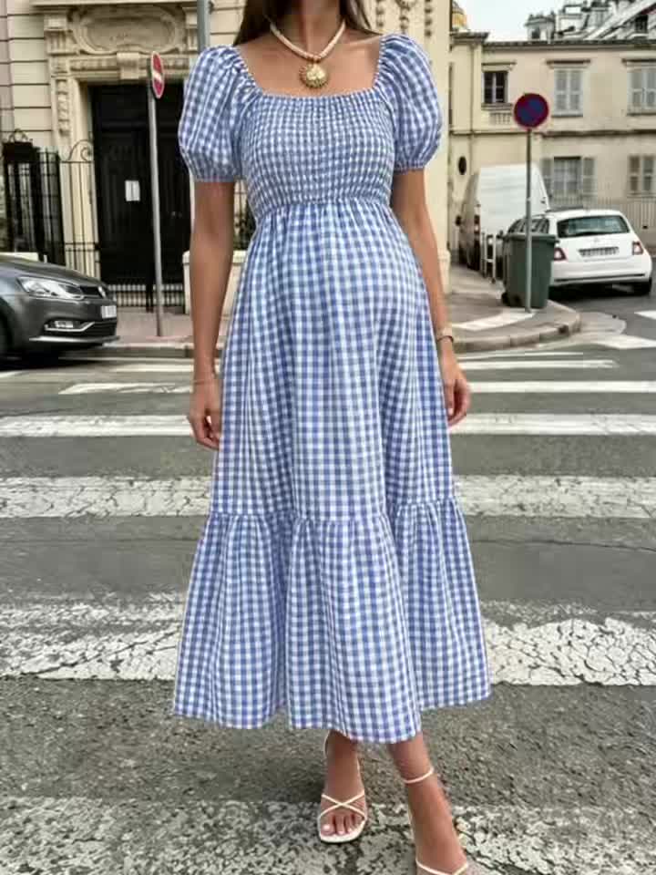 Robe midi grande taille — Vichy brun et volant d'ourlet