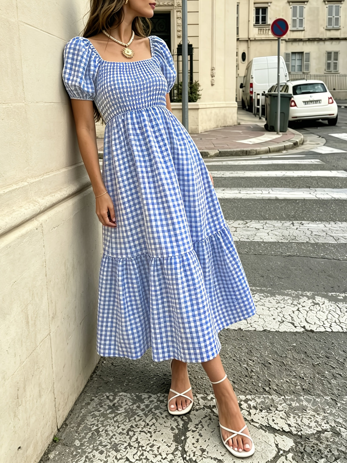 Robe midi grande taille — Vichy brun et volant d'ourlet