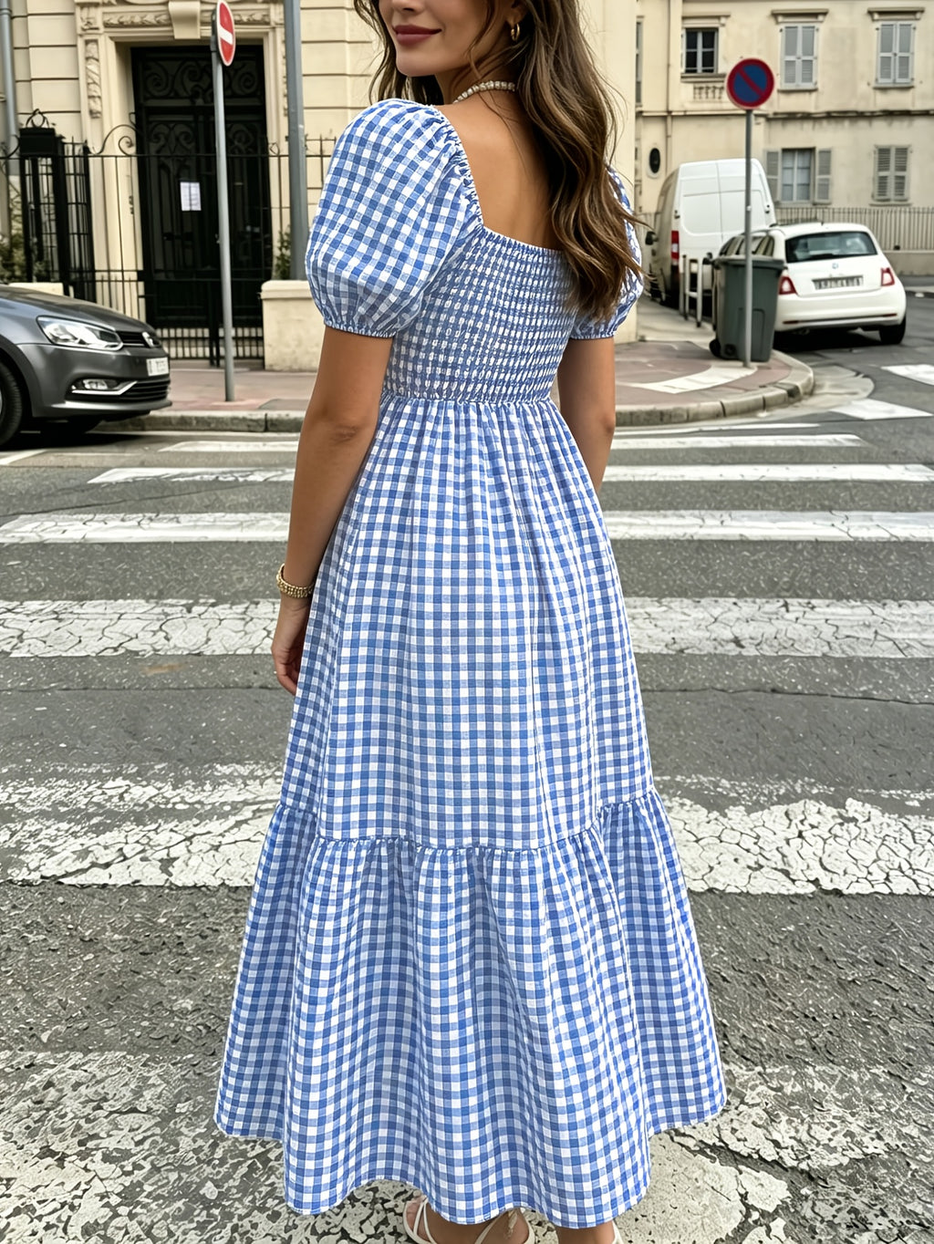 Robe midi grande taille — Vichy brun et volant d'ourlet