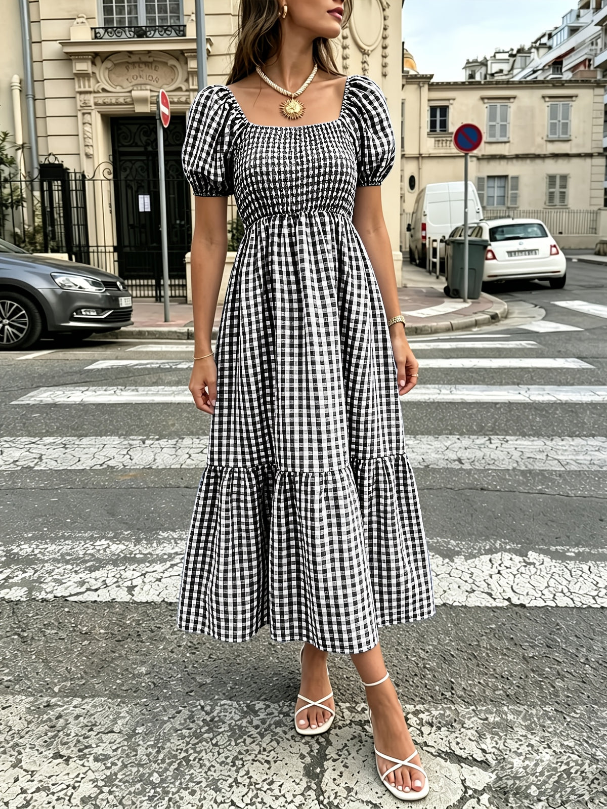Robe midi grande taille — Vichy brun et volant d'ourlet