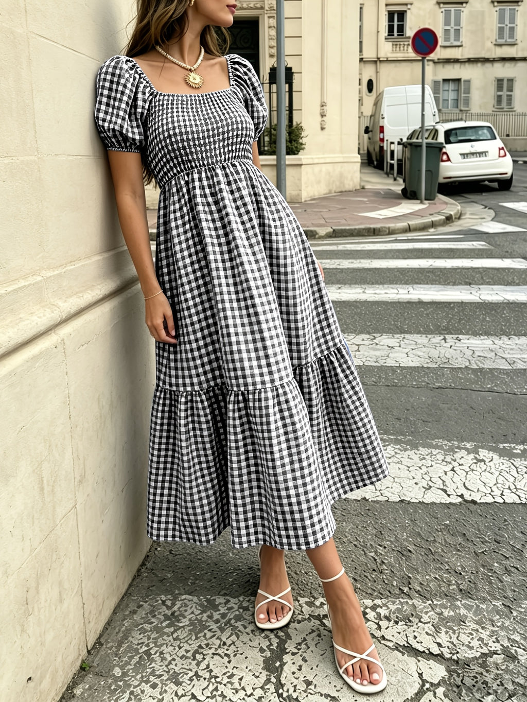 Robe midi grande taille — Vichy brun et volant d'ourlet
