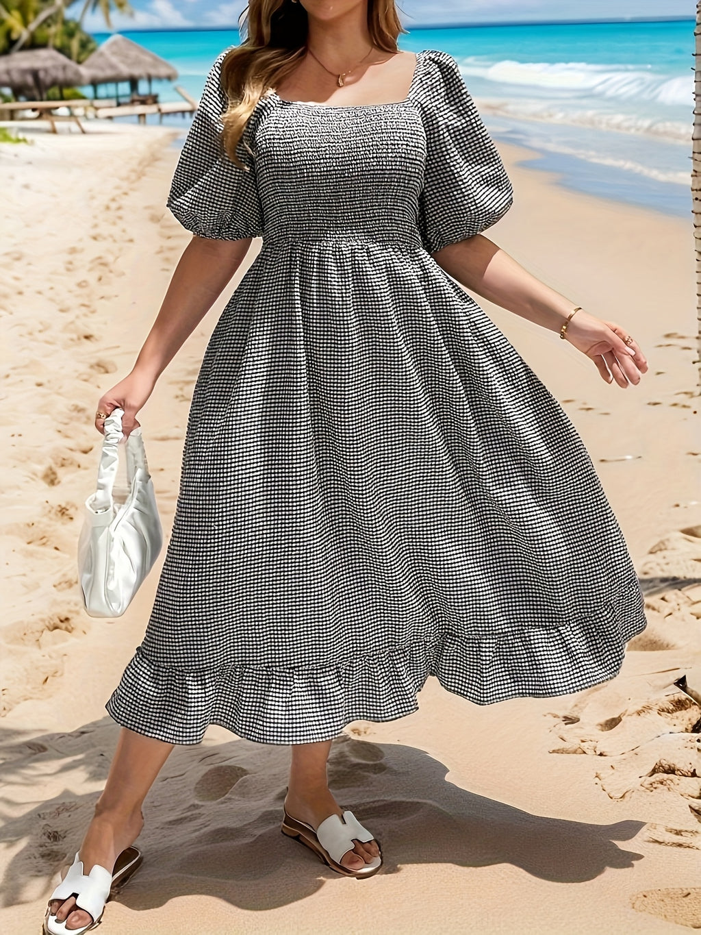 Robe midi grande taille — Vichy fin et ourlet coupé en biais