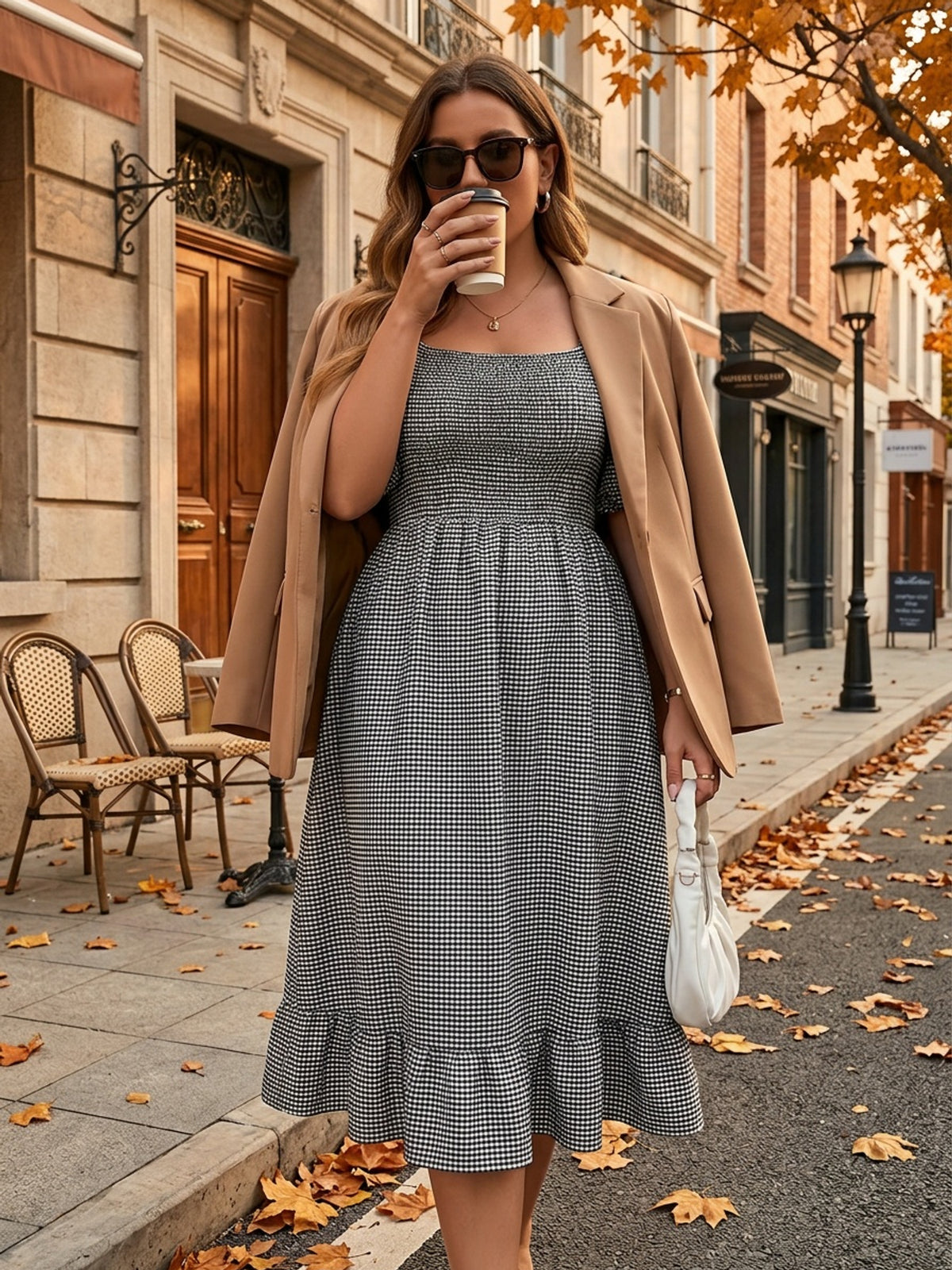 Robe midi grande taille — Vichy fin et ourlet coupé en biais