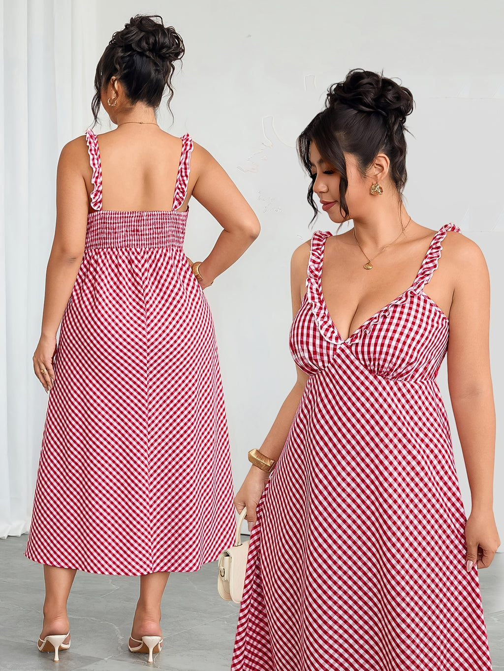 Robe midi grande taille — Vichy rouge et dos entièrement smocké
