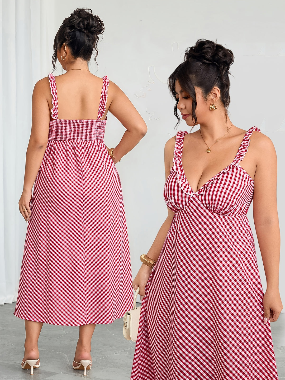 Robe midi grande taille — Vichy rouge et dos entièrement smocké