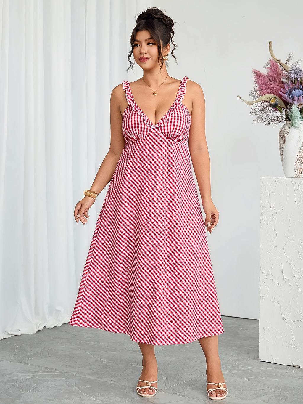 Robe midi grande taille — Vichy rouge et dos entièrement smocké