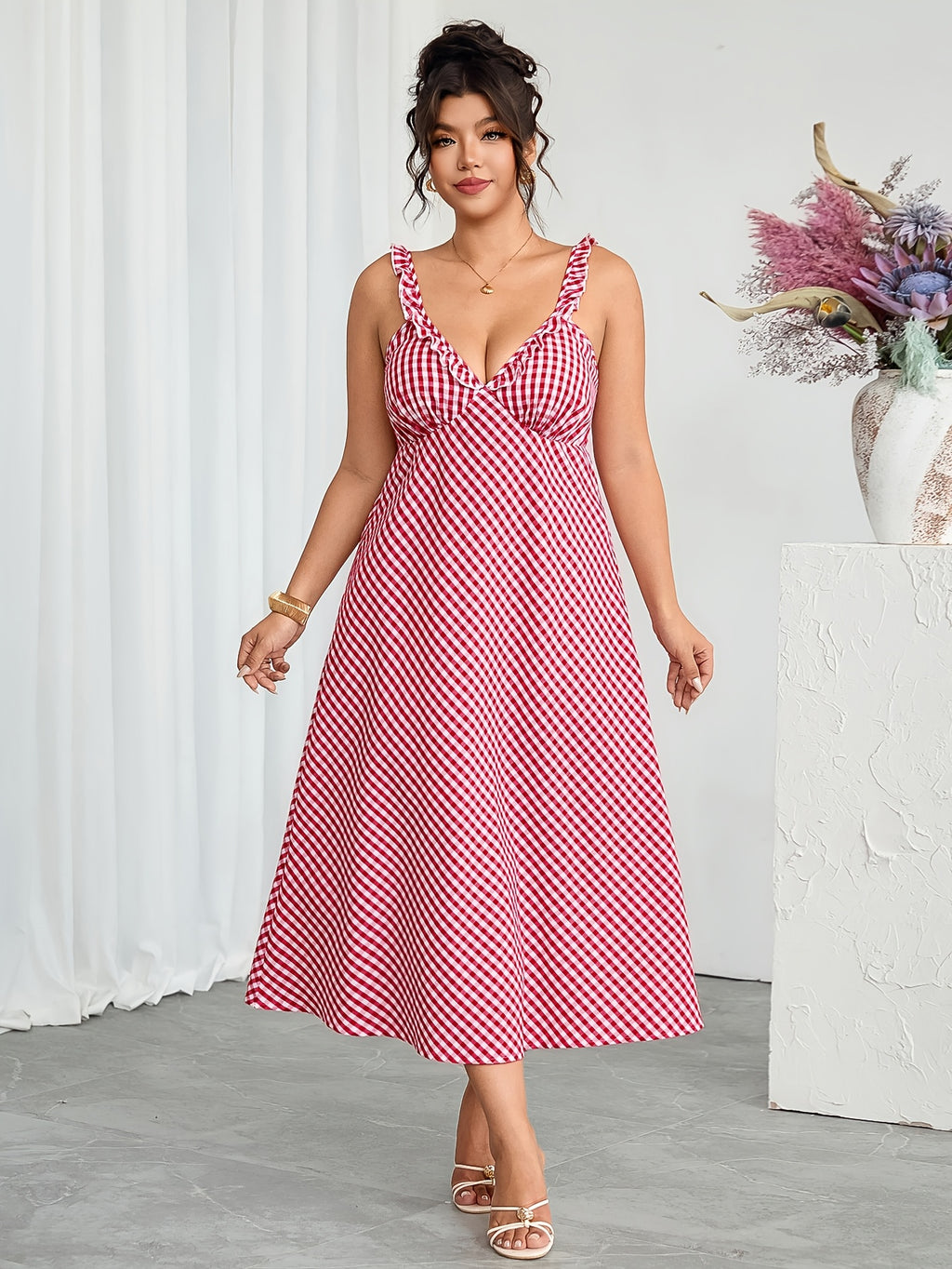 Robe midi grande taille — Vichy rouge et dos entièrement smocké