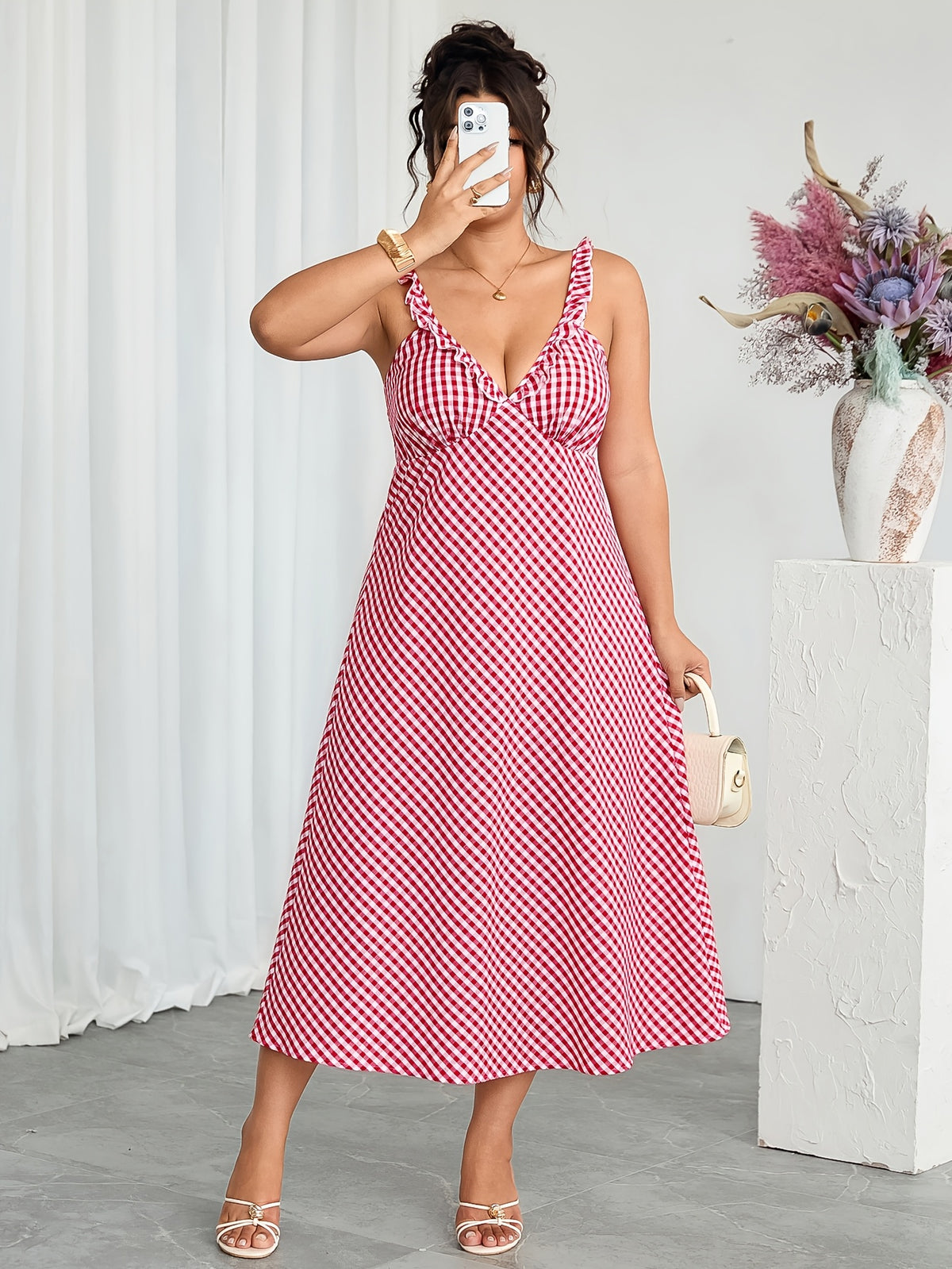 Robe midi grande taille — Vichy rouge et dos entièrement smocké