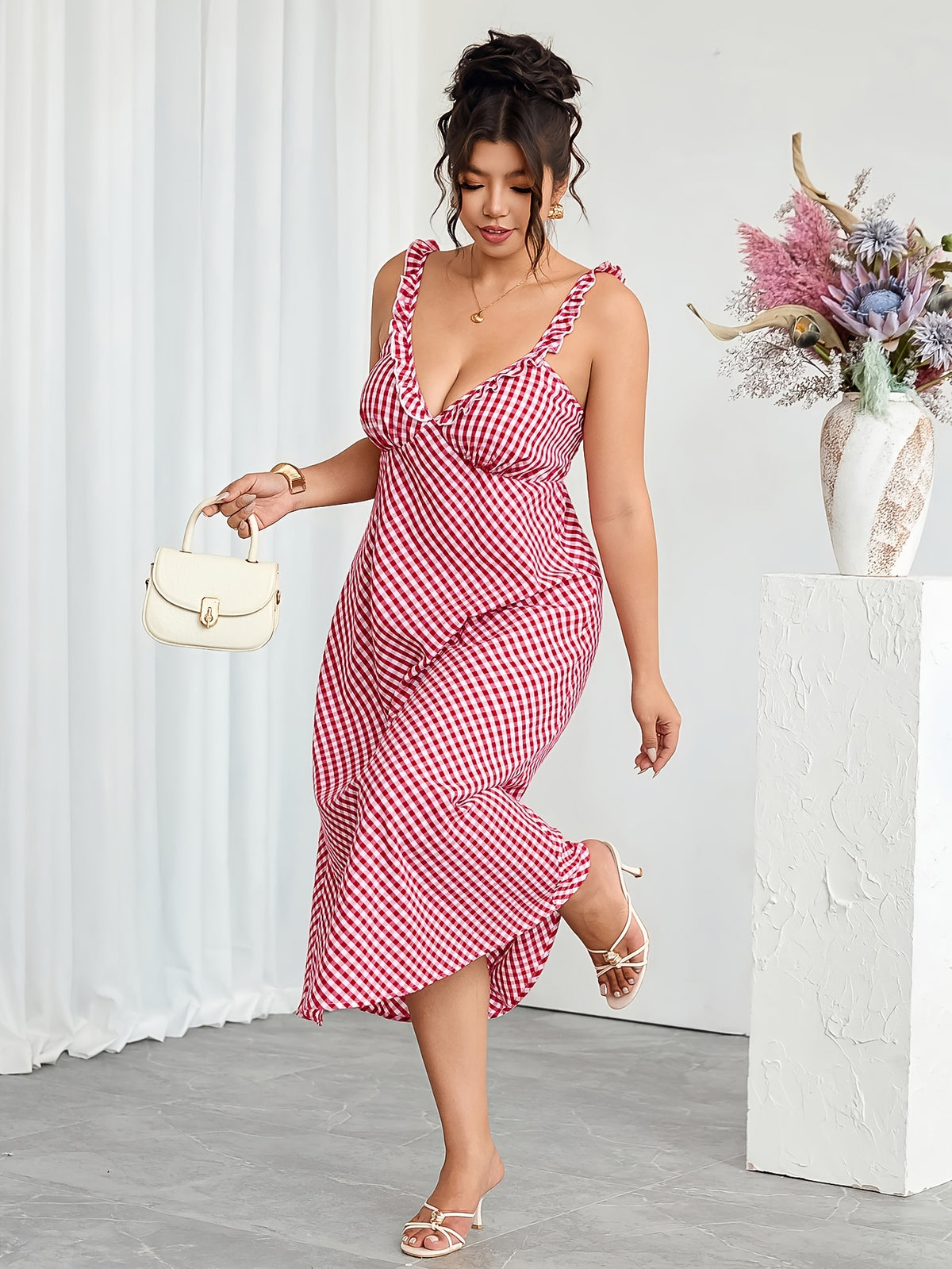 Robe midi grande taille — Vichy rouge et dos entièrement smocké