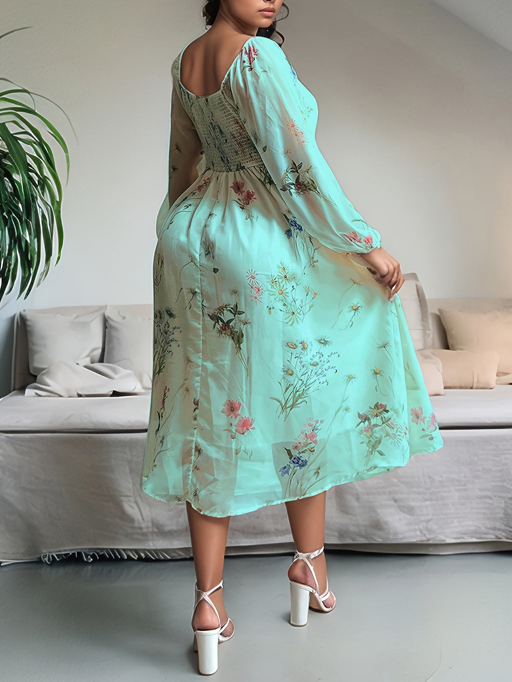 Robe midi grande taille — Voile écru à fleurs aquarelle