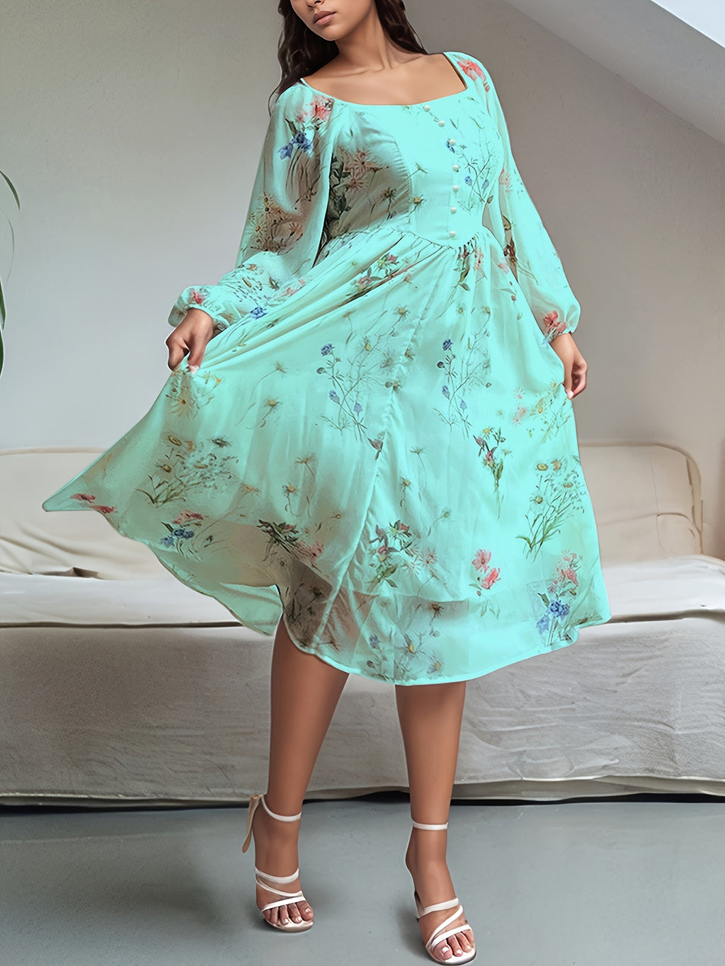 Robe midi grande taille — Voile écru à fleurs aquarelle