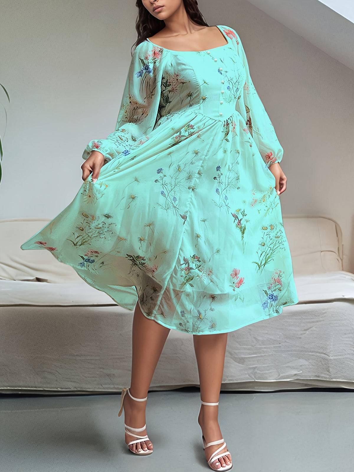 Robe midi grande taille — Voile écru à fleurs aquarelle