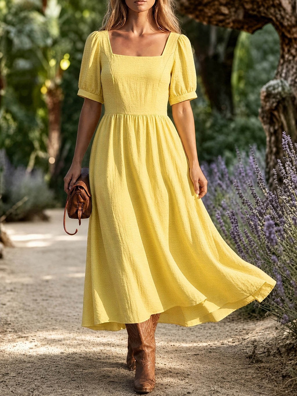 Robe midi grande taille — Jaune clair, col carré et ballon