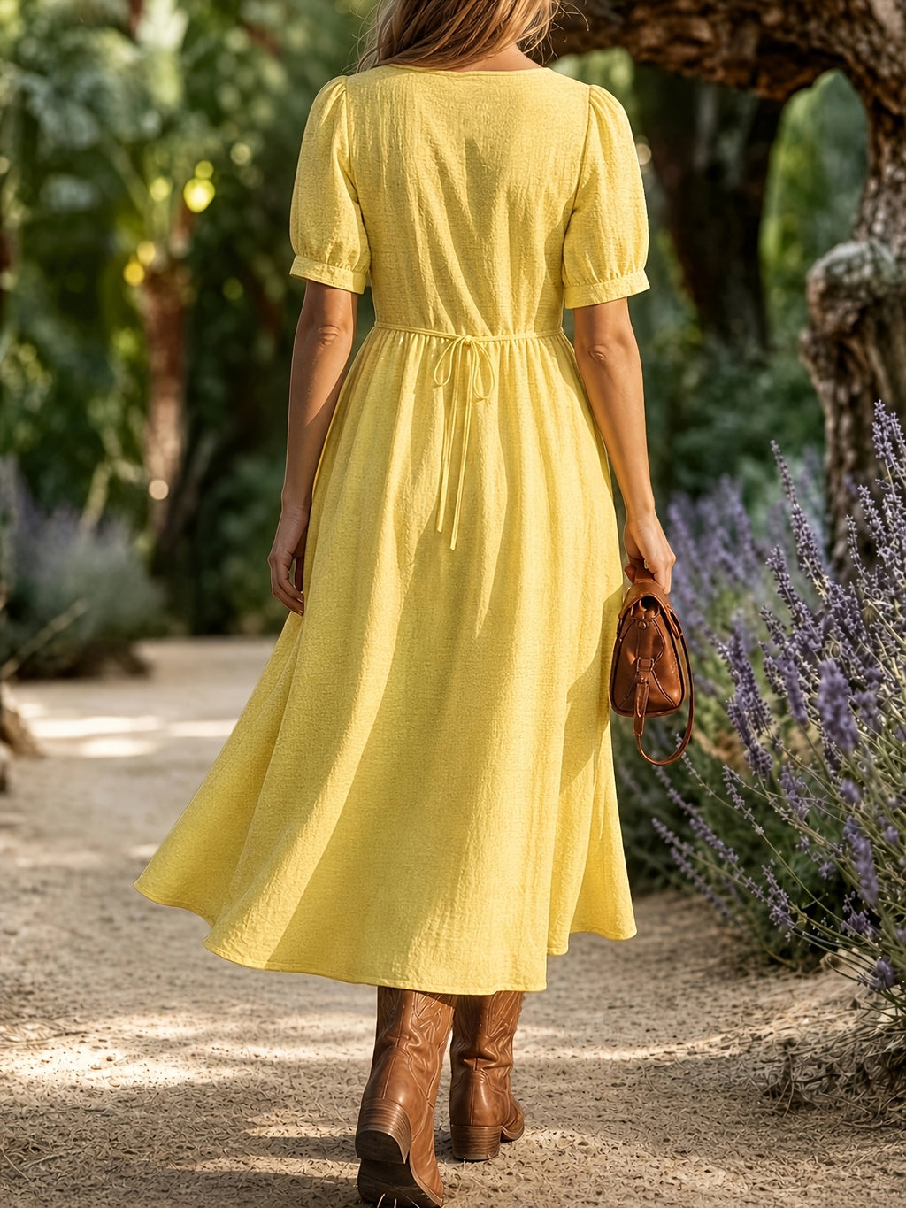 Robe midi grande taille — Jaune clair, col carré et ballon