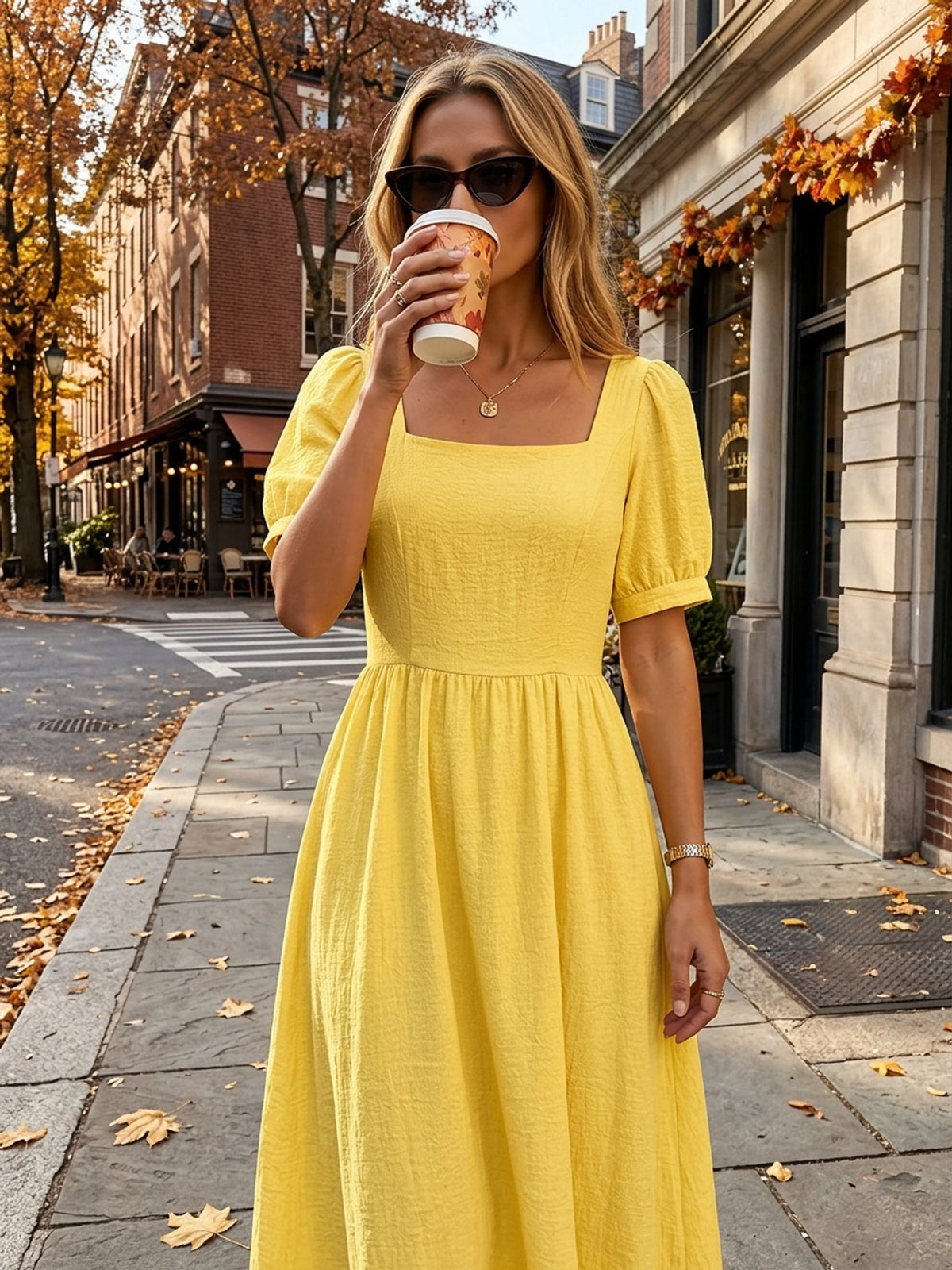 Robe midi grande taille — Jaune clair, col carré et ballon