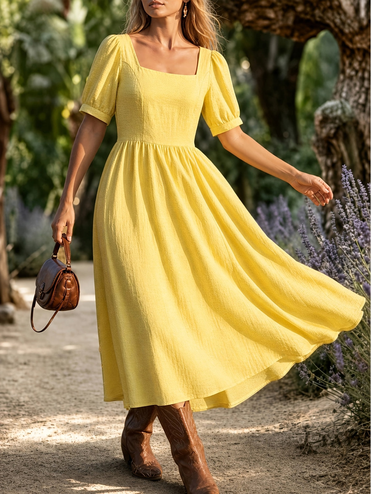 Robe midi grande taille — Jaune clair, col carré et ballon