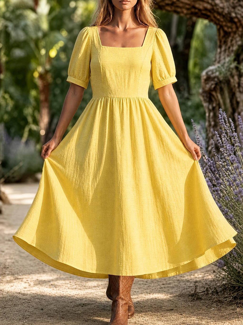 Robe midi grande taille — Jaune clair, col carré et ballon