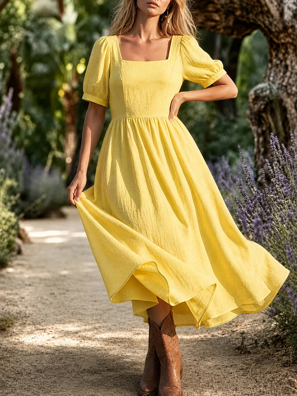 Robe midi grande taille — Jaune clair, col carré et ballon