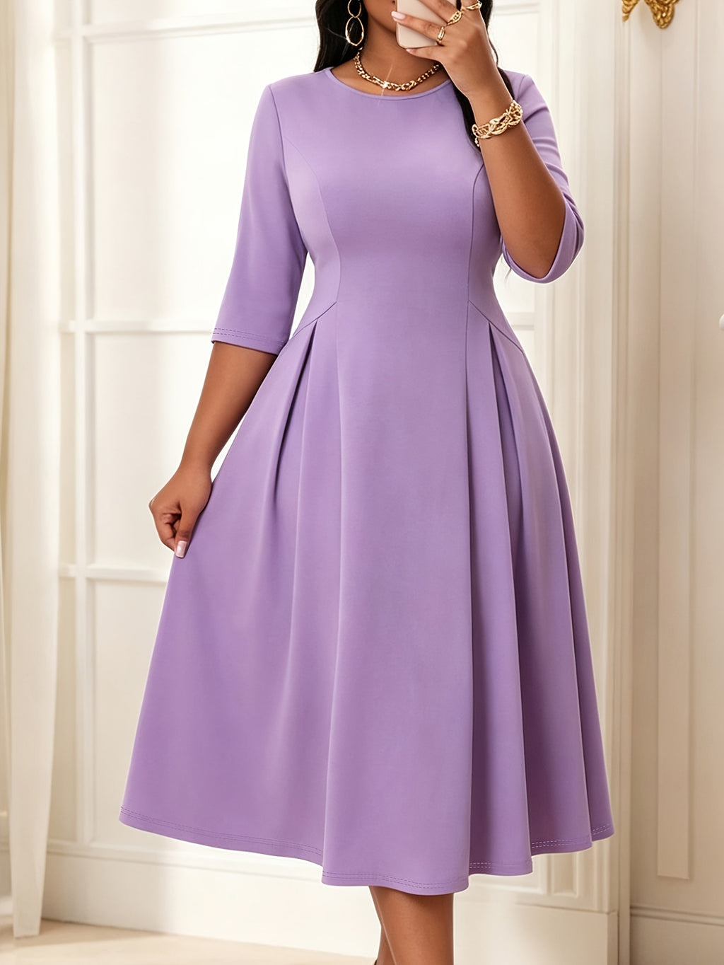 Robe midi grande taille — Lilas dense et plis creux repassés