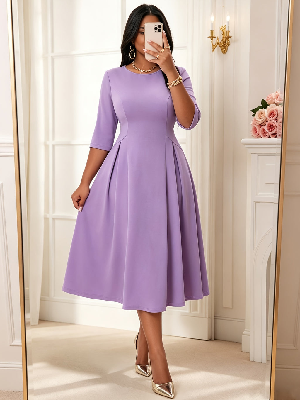 Robe midi grande taille — Lilas dense et plis creux repassés