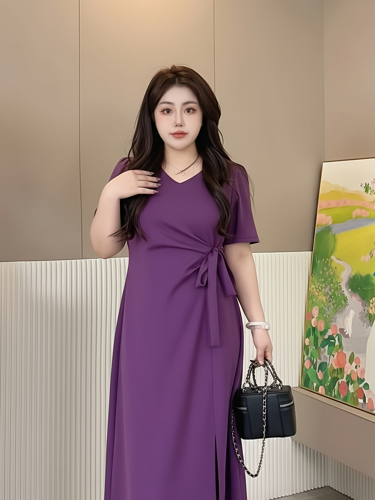 Robe midi grande taille — Viscose violette à nœud latéral