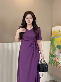 Robe midi grande taille — Viscose violette à nœud latéral