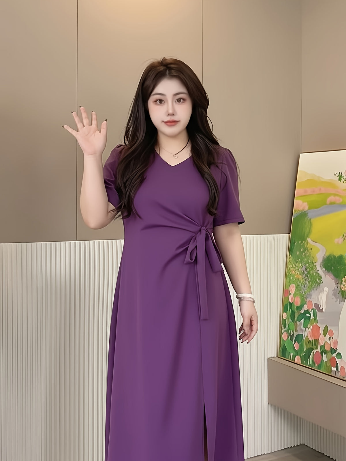 Robe midi grande taille — Viscose violette à nœud latéral